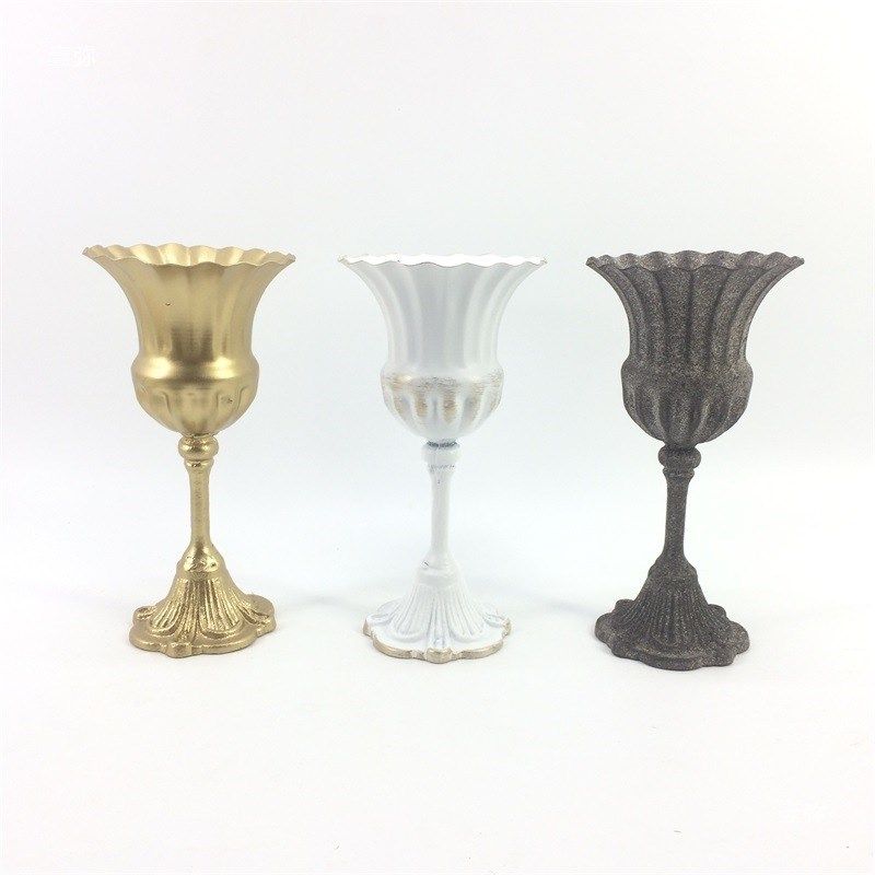 欧式铁艺插花花器铸铁工艺花瓶金属盆白擦金复古白色婚礼餐桌摆件