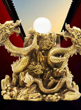 黄铜精品双龙戏珠摆件 二龙戏珠 家居玄关办公室工艺铜龙摆件