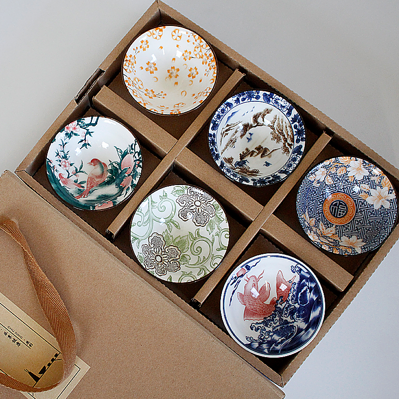 釉下彩青花瓷斗笠杯6只套装复古陶瓷茶盏茶具品茗杯子茶碗送礼品