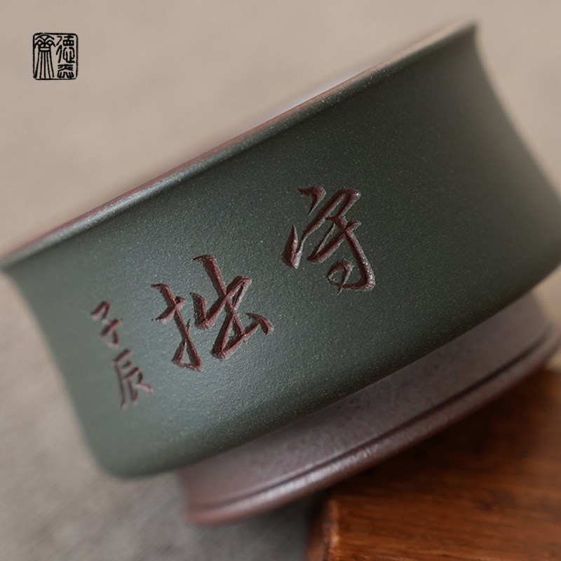 德弈斋宜兴紫砂茶壶茶杯原矿老清水泥粉墨绿泥柴烧守拙杯军绿色