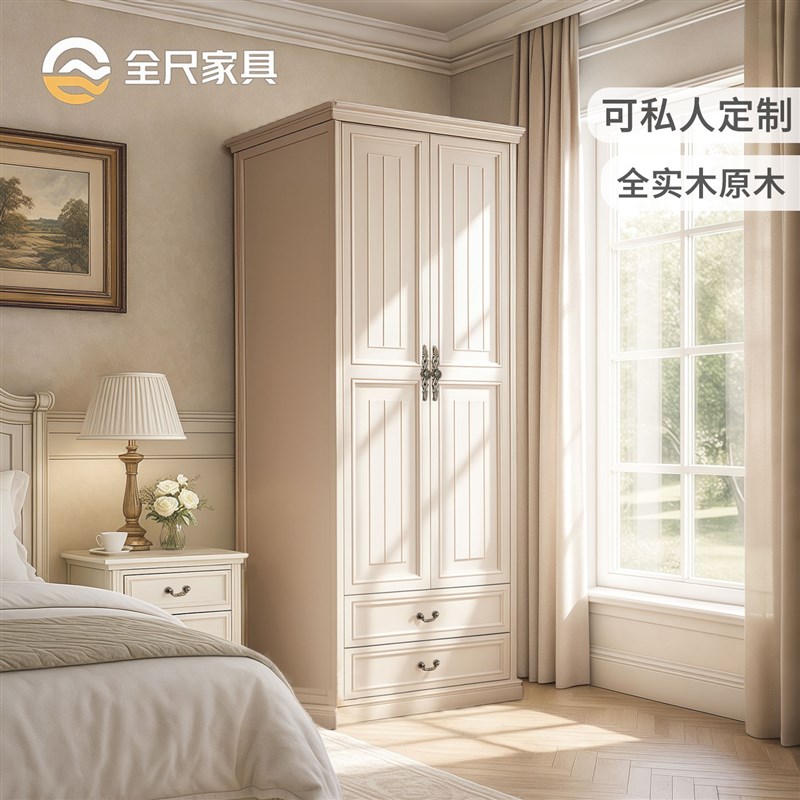 美式纯实木双门衣柜90cm小户型卧室收纳柜白色两门U可定制落地衣