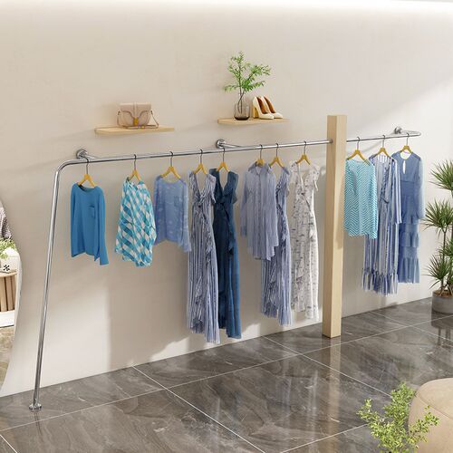 壁挂式女服装店展示架上墙陈列货架落地式不锈钢实木X组合服装挂