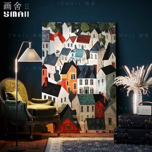 意式风客厅装饰画玄关漆画挂画餐厅卧室背景城市小镇新中式肌理画
