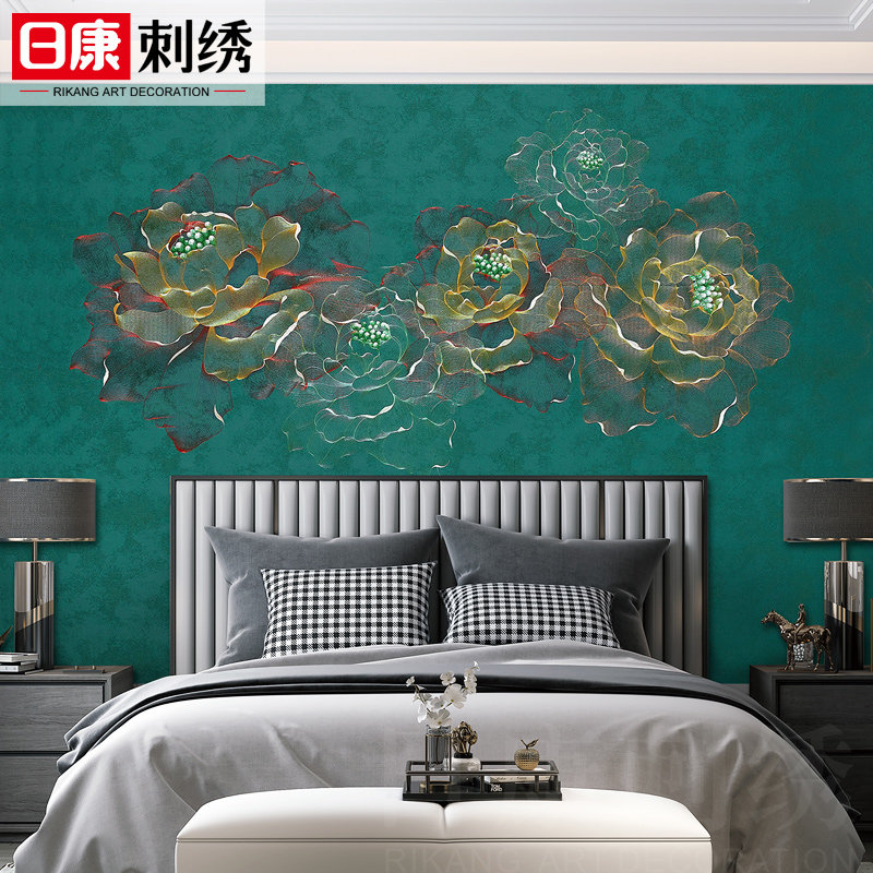 独绣刺绣墙布中式国色天香婚房卧室床头客厅餐厅沙发电视背景壁布