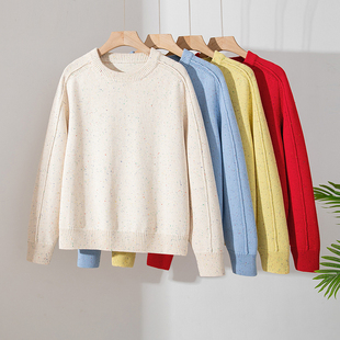 32支点子纱100%纯棉套头毛衣女圆领宽松针织衫上衣冬款厚实打底衫