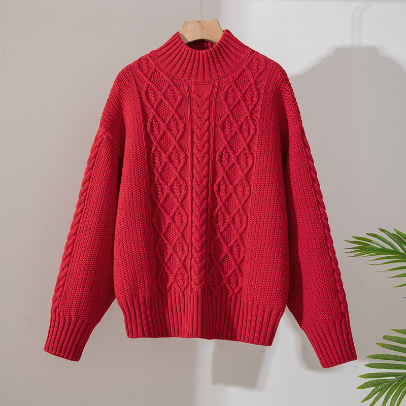 100%纯棉新年红色毛衣女外穿半高领绞花针织衫上衣秋冬加厚打底衫,女装/女士精品,毛针织衫,淘宝优惠券,粉丝福利购,淘宝优惠卷