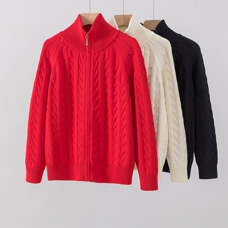 100%纯棉立领拉链麻花针织开衫女