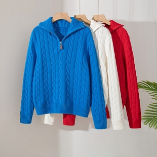 老钱风绞花纹100%纯棉翻领半拉链针织衫女士百搭显瘦厚实毛衣外套