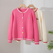 少女甜心拼色100%纯棉圆领针织开衫 女上衣刺绣彩扣毛衣外套不起球
