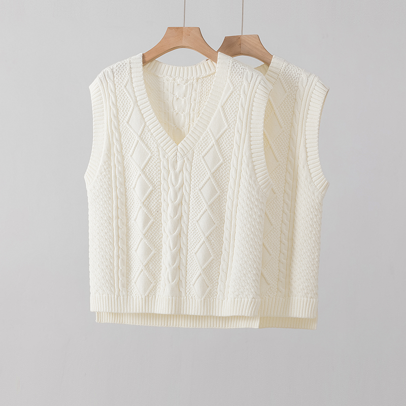 复古麻花纯棉V领针织马甲背心女