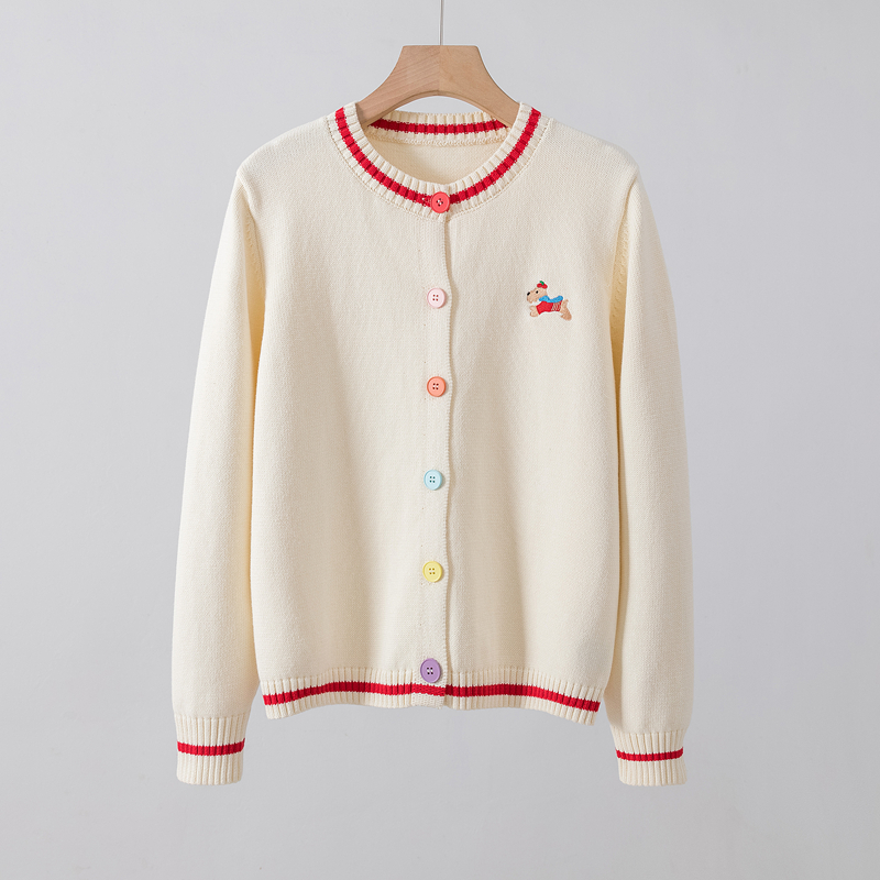 100%棉彩扣刺绣拼色圆领开衫