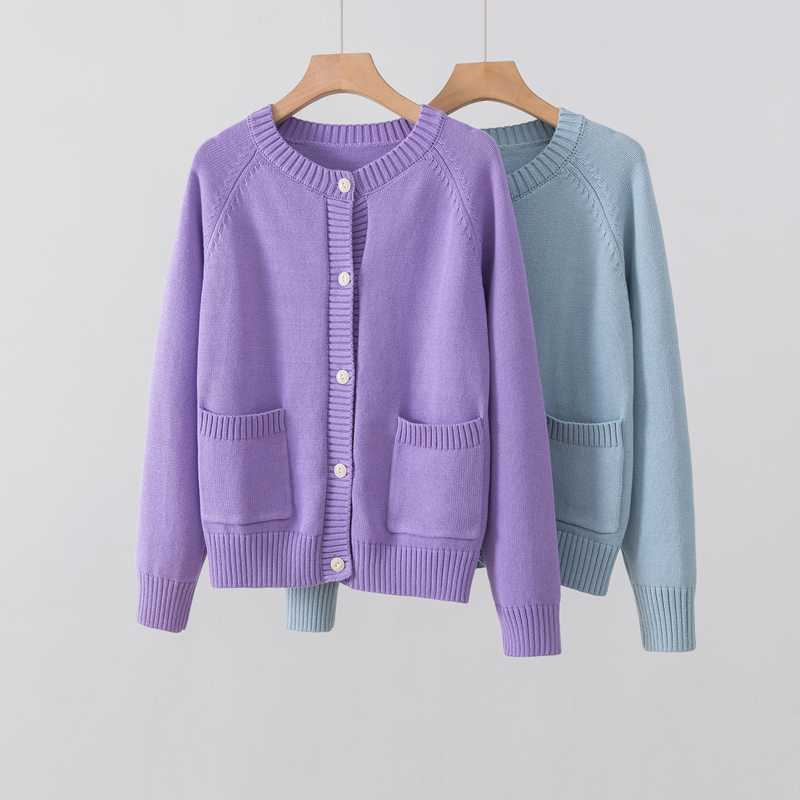 100%纯棉针织开衫外套女秋冬圆领口袋简约天蓝色全棉毛衣宽松上衣