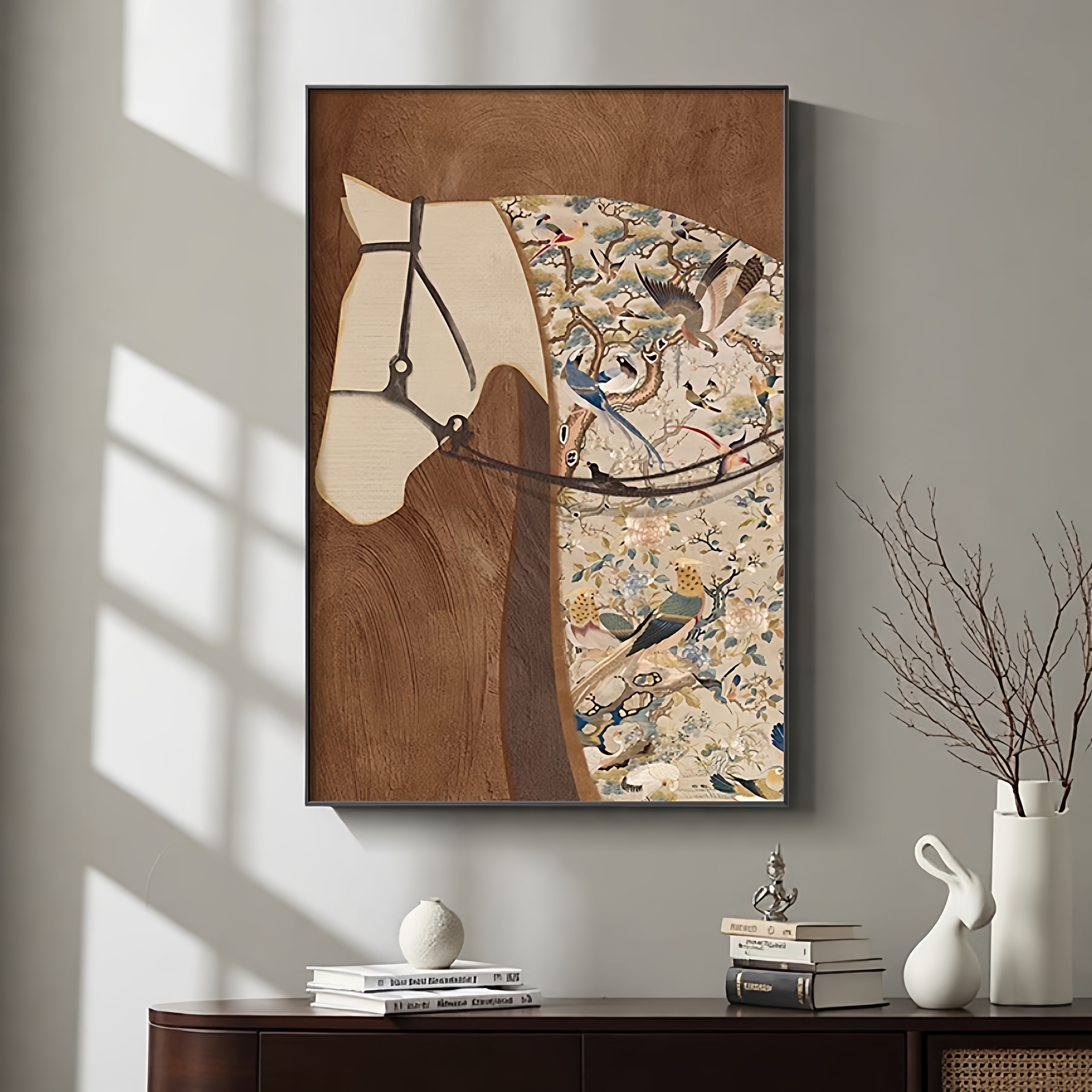 中古风客厅装饰画新款马到成功复古沙发背景墙挂画高级感玄关壁画图片