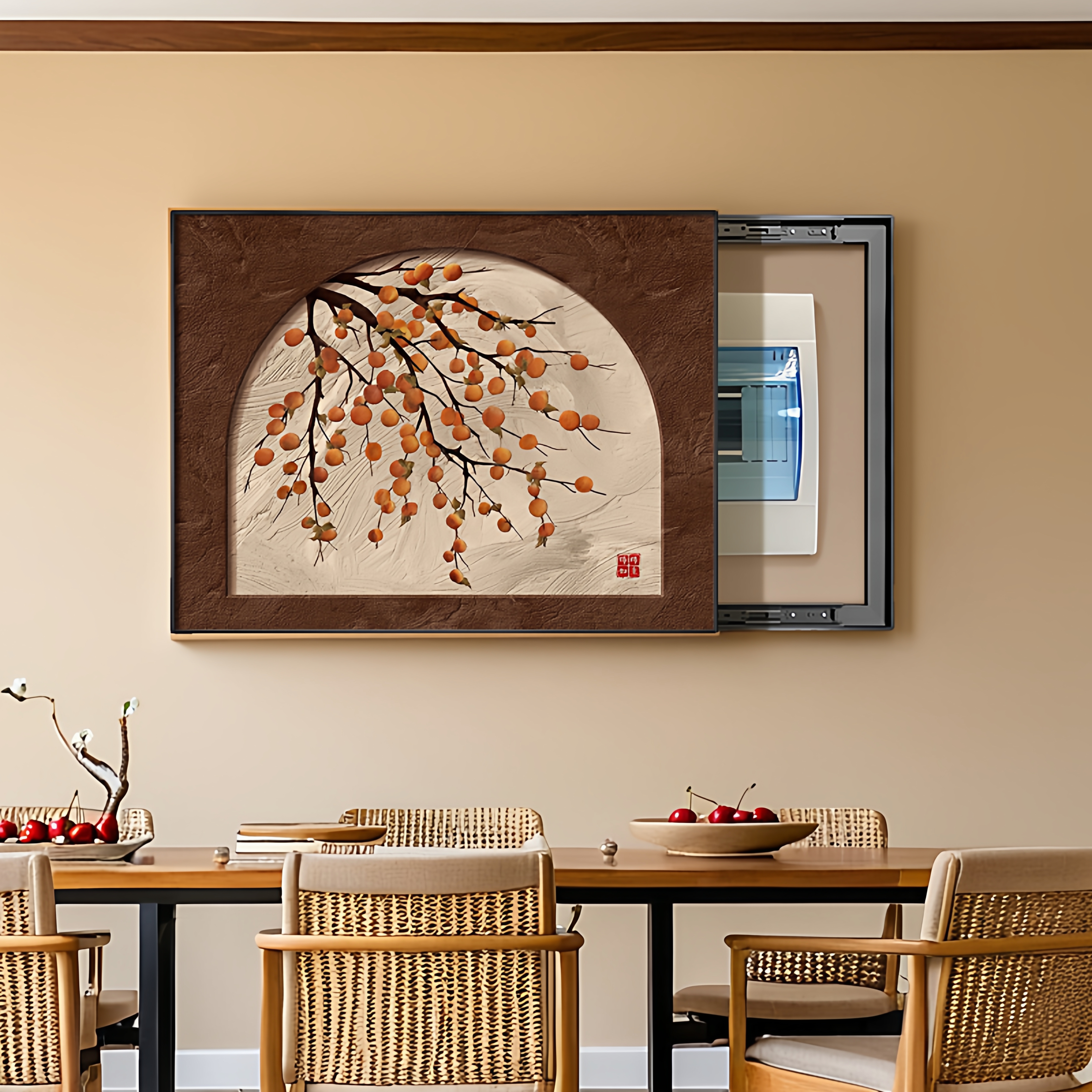 中古风柿柿如意电表箱装饰画2025新款配电箱遮挡挂画电闸盒壁画