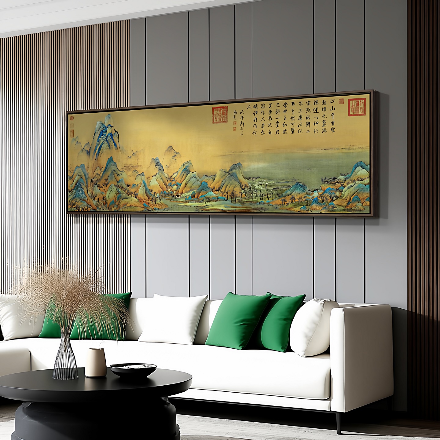 国画千里江山图挂画新中式客厅装饰画书房茶室沙发背景墙山水壁画图片