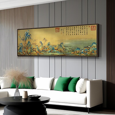 国画千里江山图挂画新中式客厅装饰画书房茶室沙发背景墙山水壁画