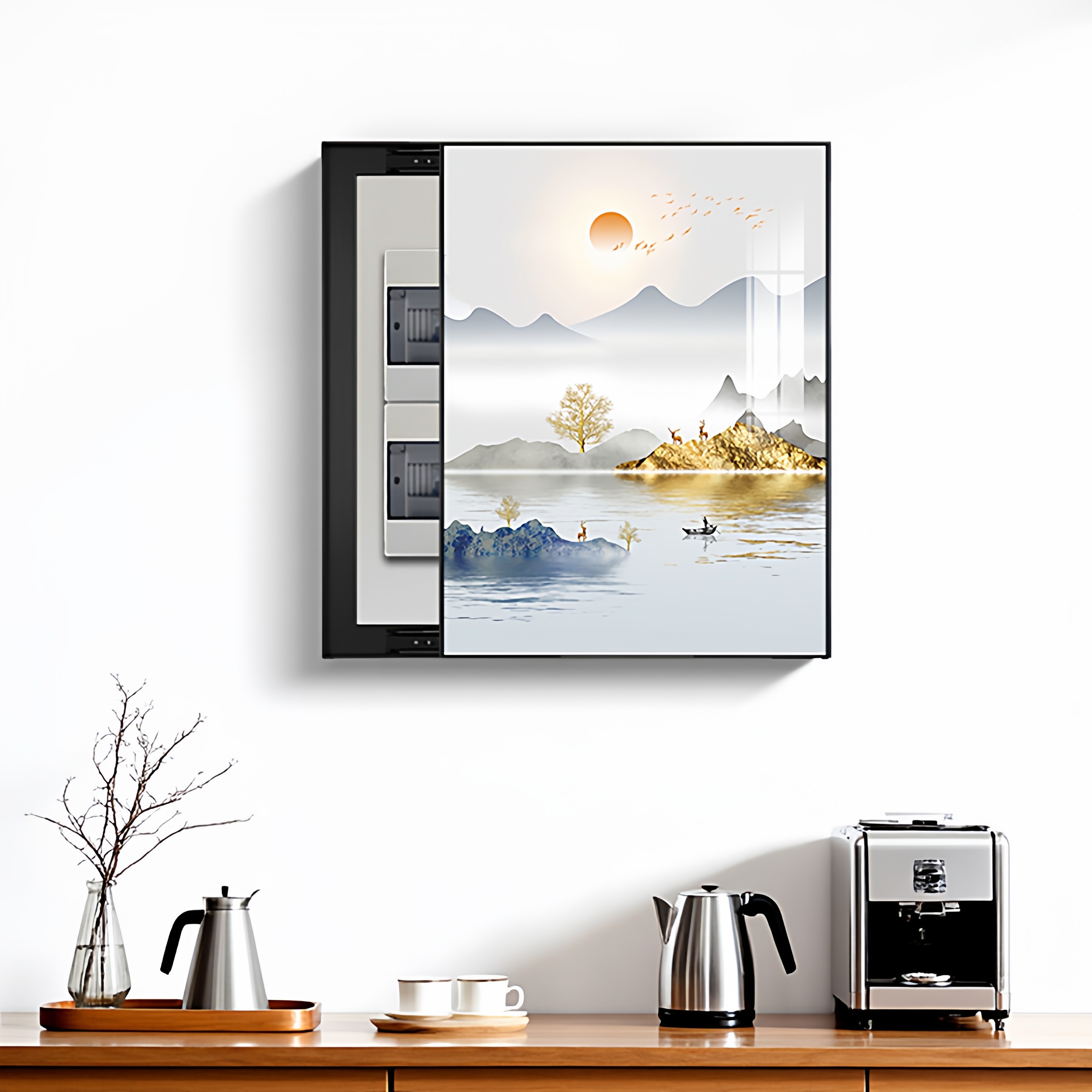 电表箱装饰画竖款免打孔遮挡新中式水墨配电箱电闸箱总开关盒挂画