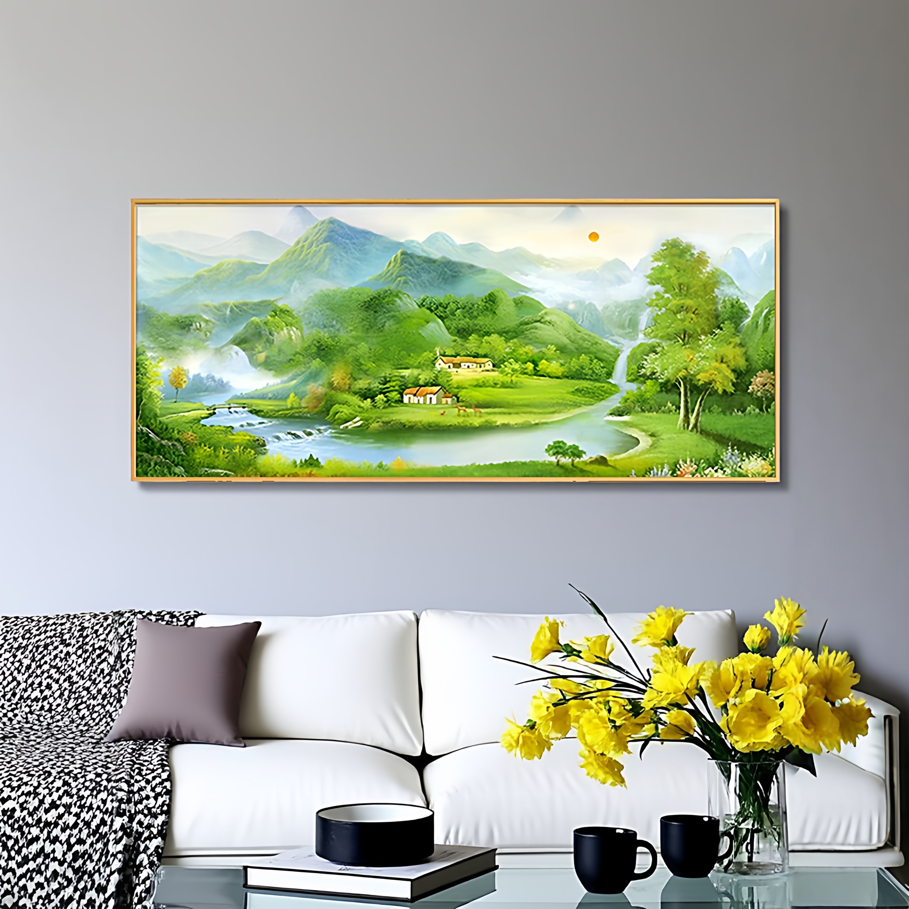 聚宝盆山水画客厅挂画沙发背景墙装饰画招财风景手绘油画大气壁画图片