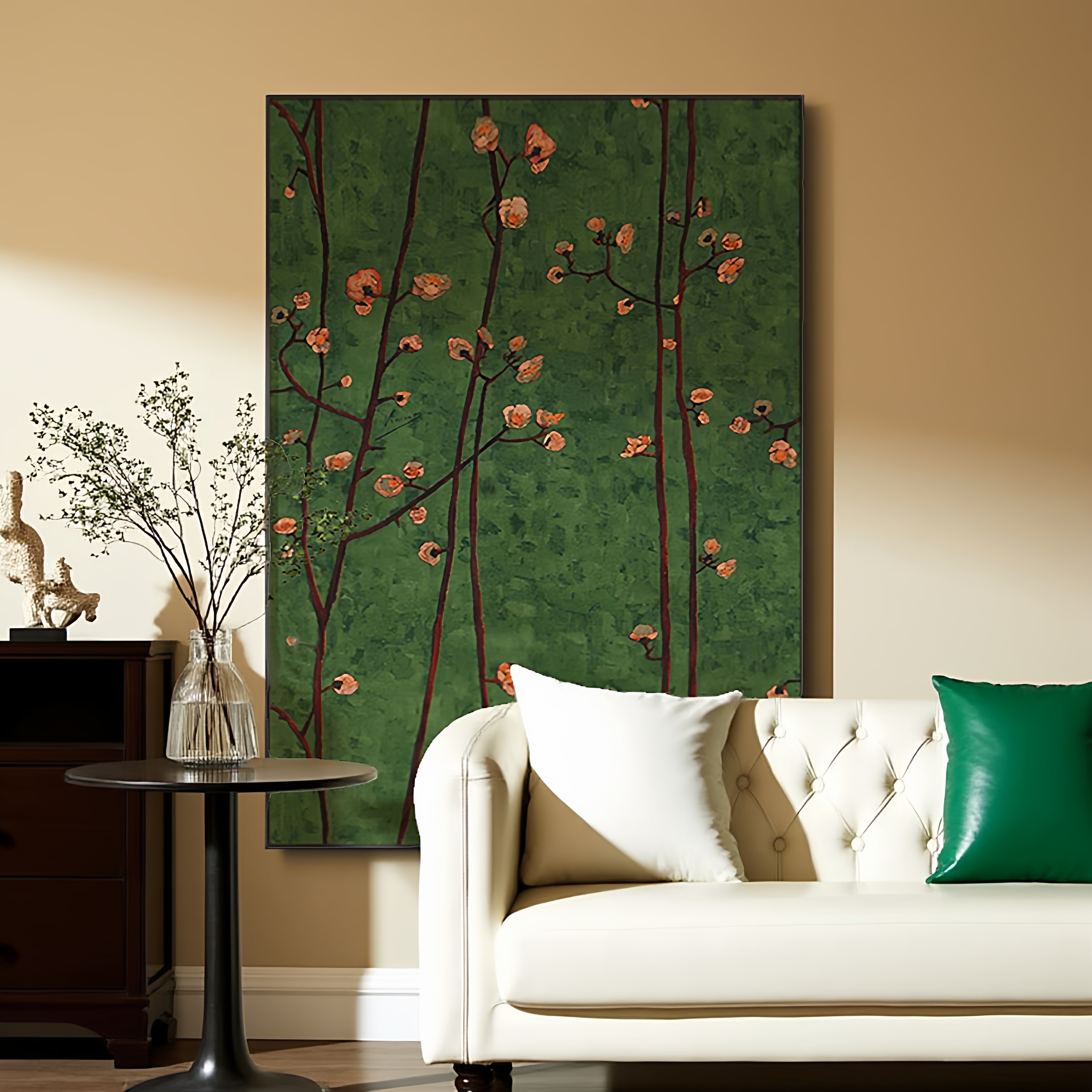 现代绿色复古南洋风梅花枝条客厅餐厅玄关装饰画卧室壁画竖版挂画图片