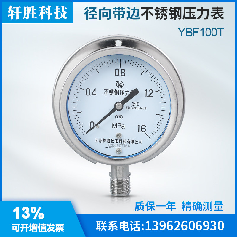 YBF100T 1.6MPa 径向带后边不锈钢压力表 船用法兰带固定边压力表