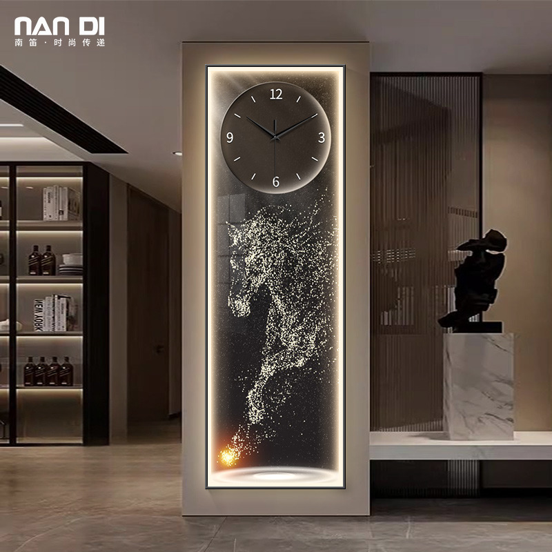 马到成功玄关装饰画钟表挂钟客厅抽象骏马创意时钟壁灯窄长条挂画