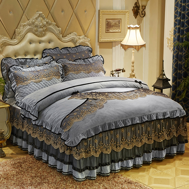 欧式夹棉水晶绒床裙四件套加绒床单牛H奶法兰绒加厚床罩珊瑚绒被