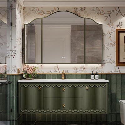 法式复古浴室柜岩板热弯一体盆洗手台原创港风卫生T间洗手盆柜组