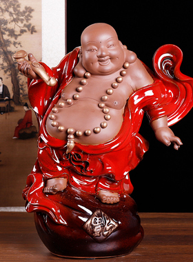 陶瓷笑佛弥勒佛摆件中式家居客厅玄关工艺L品摆设大号博古架装饰