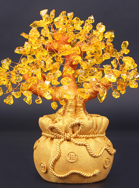 黄水晶摇钱招财树发财树店铺开业送礼钱袋摆件Q家居酒柜装饰工艺