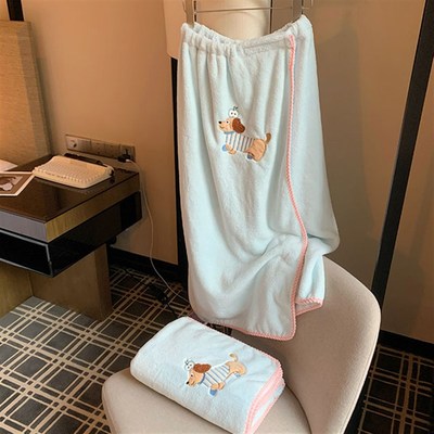 可穿式浴袍女款珊瑚绒浴巾裹巾吸水D速干卡通可爱小狗浴裙四季通