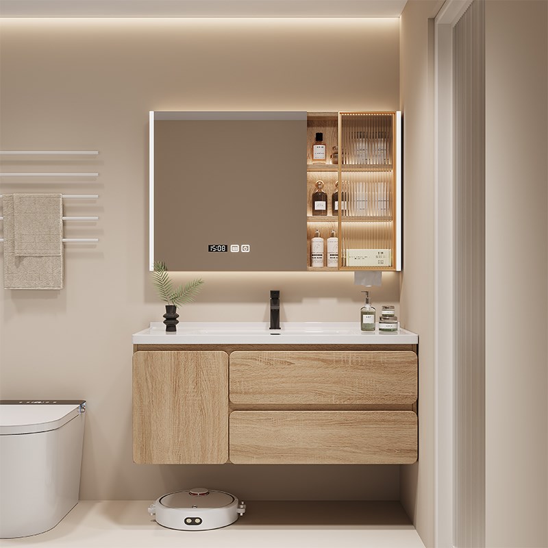 原木色浴室柜陶瓷一体盆智能镜柜组合卫生间洗手S盆柜洗脸洗漱台