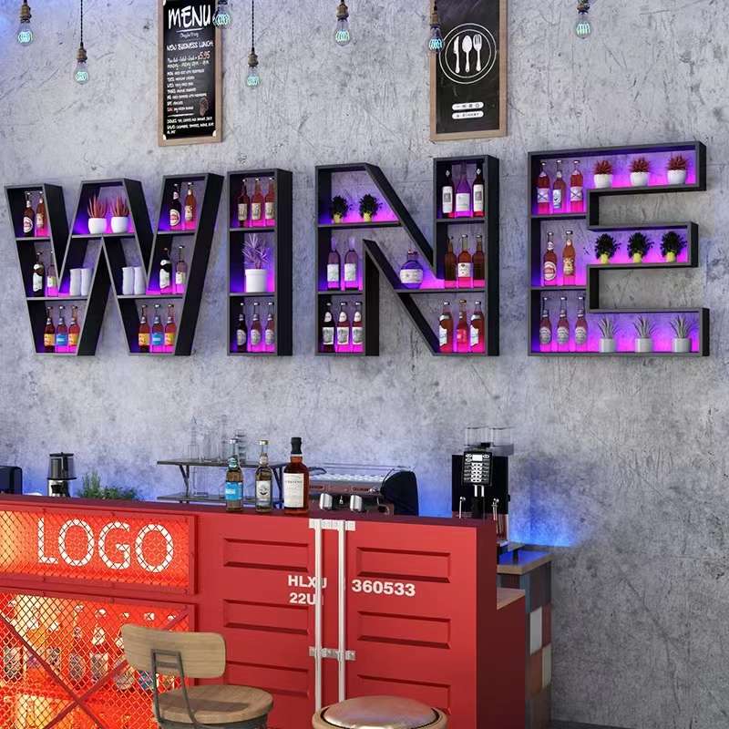 铁艺创意字母酒架j挂墙酒吧酒架餐厅壁挂墙上发光装饰架吧台红洒