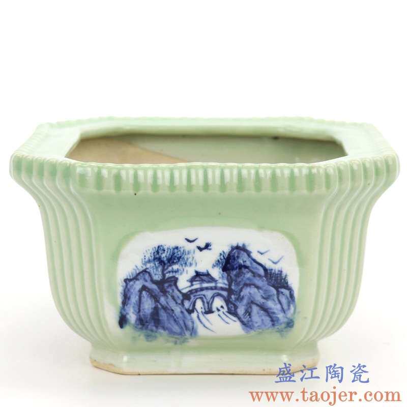 景德镇陶瓷仿古手绘青花山水青釉花盆大号带托盘花卉绿植室内装饰