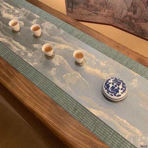 日式茶席织锦提花双面复古禅意防水棉麻布桌旗新中式茶台茶桌垫