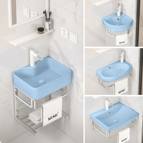 蓝色洗漱盆陶瓷三角洗手盆挂墙式简易洗脸盆小户型卫生间面盆阳台