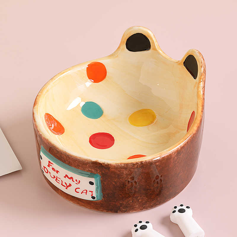 小马行空手画土耳其陶瓷猫碗x可爱创意卡通防打翻高脚猫食盆狗碗