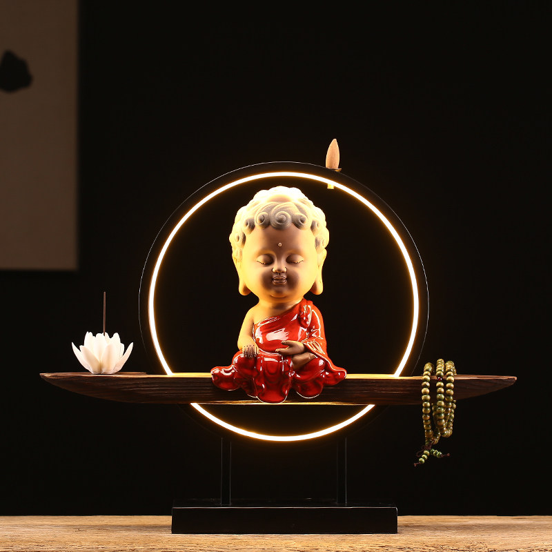 墨染留香释迦牟尼太子佛紫砂陶瓷如来佛像工艺品家居供奉灯圈摆件