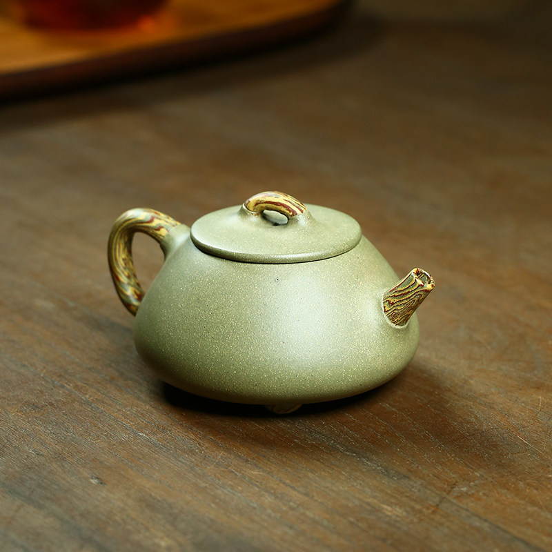 宜兴纯全手工紫砂壶子冶石瓢壶豆青砂绞泥L紫沙泡茶壶陶瓷茶具套