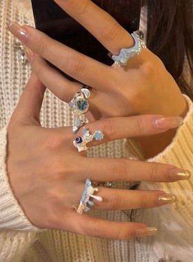 高级感珐琅滴油个l性夸张戒指嘻哈甜酷冷淡风眼睛闪钻食指戒指环