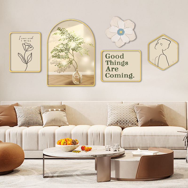 奶油风客厅装饰画绿植原木风沙发背景墙组合挂画高档大气饭厅壁画