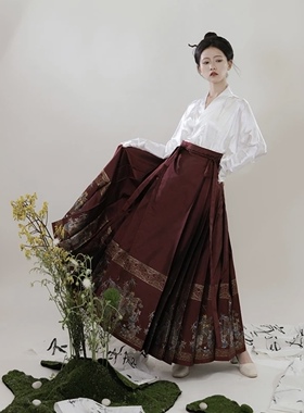 百堂制【四时君子】明制织金防妆花马面裙日常汉服女暗红色半身裙
