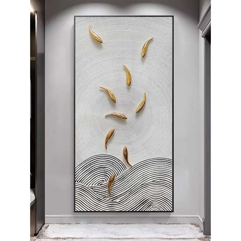 入户玄关新中式九鱼图轻奢装饰画样板间立体手绘挂画实物竖版壁画图片