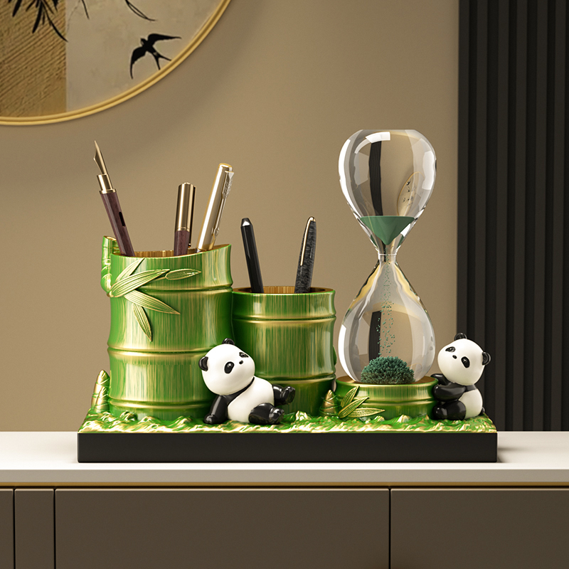 熊猫文创节节高升笔筒q沙漏摆件办公室桌面装饰中国特色礼物送老