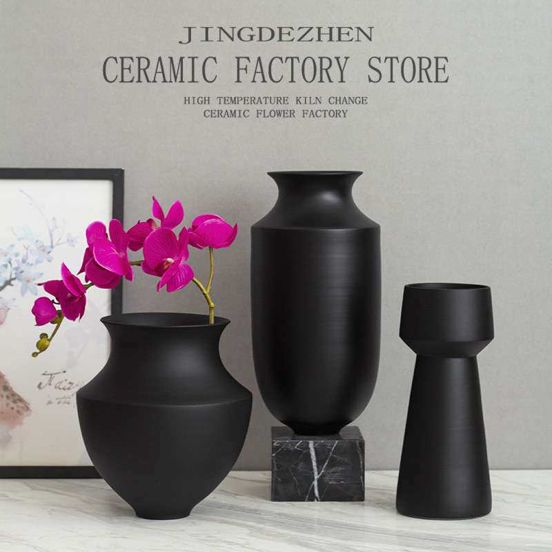 简约现代插花黑色陶罐花瓶客厅酒店样板间陶瓷摆件感装饰品装饰花