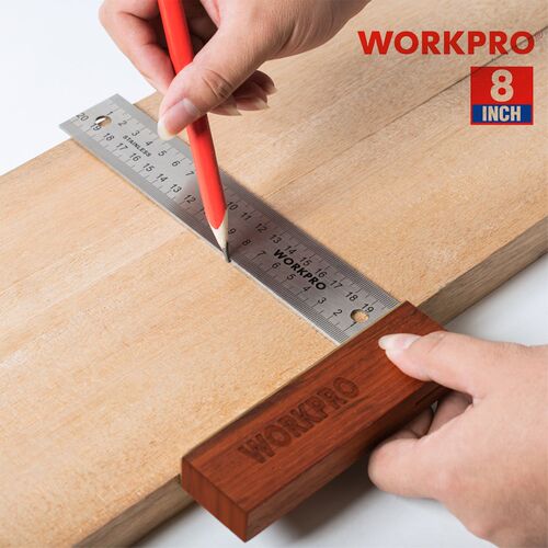WORKPRO木工直角尺不锈钢90度宽座多功能木工标注尺公英制