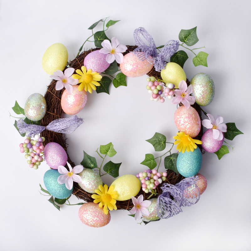节庆用品34cm藤编鸡蛋彩色装饰吊饰花J环复活节日店面布置用品道