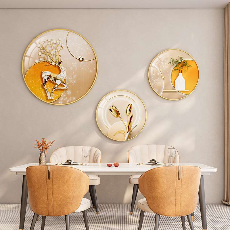 现代风餐厅晶瓷装饰画组合挂画轻奢背景圆形画墙面餐桌墙面饰品画图片