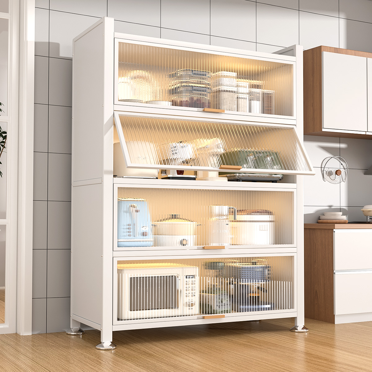 厨房微波炉防尘收纳柜家用落地多层置物架碗筷柜餐边柜橱柜储物柜