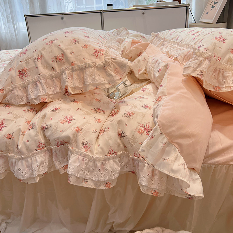 仙女床上四件套100全棉田园碎花公主风花边床裙被套床品