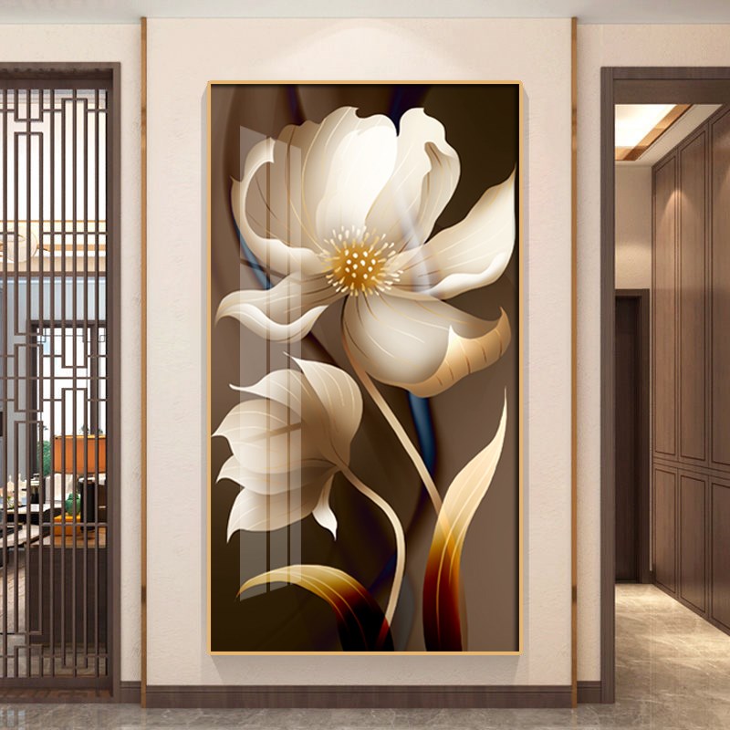 富贵牡丹入户玄关装饰画现代简约C走廊过道壁画竖版背景墙挂画墙